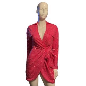 Judith March Hot Pink Sequin Wrap Mini Dress Long Sleeve Holiday Party Small